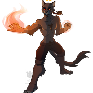 A vector illustration of an anthro cat ready to fight, with fire swirling from his hands