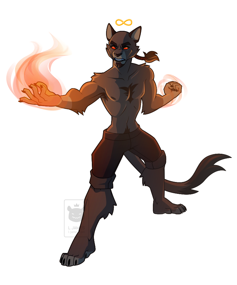 A vector illustration of an anthro cat ready to fight, with fire swirling from his hands