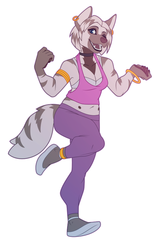 A flat colored vector illustration an anthro striped hyena girl dancing energetically
