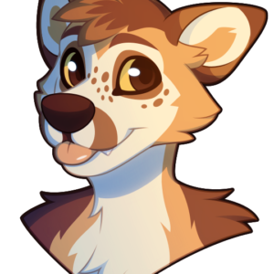 A vector portrait of a brown-and-cream-colored anthro fox-coyote hybrid, smiling and sticking out his tongue slightly
