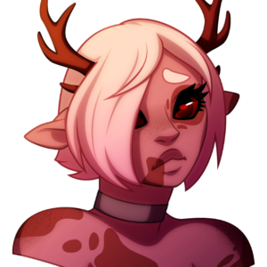A vector portrait of a monster girl with dark red eyes, antlers, and spotted skin.
