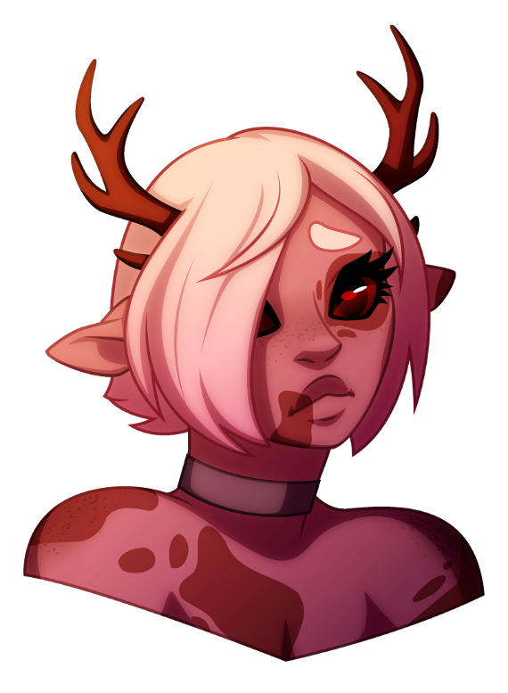 A vector portrait of a monster girl with dark red eyes, antlers, and spotted skin.