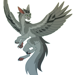A flat colored vector illustration of a furry dragon with a long neck, long fluffy tail, small horns, and feathery wings, flying in midair and looking down excitedly