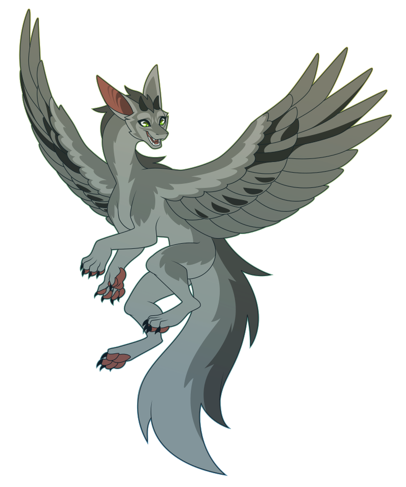A flat colored vector illustration of a furry dragon with a long neck, long fluffy tail, small horns, and feathery wings, flying in midair and looking down excitedly