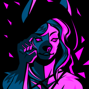 A limited-palette vector portrait of an anthro striped hyena girl in goth witchy clothes. She brushes hair out of her face with one finger and looks pensively to the side as sparks fly in the background.