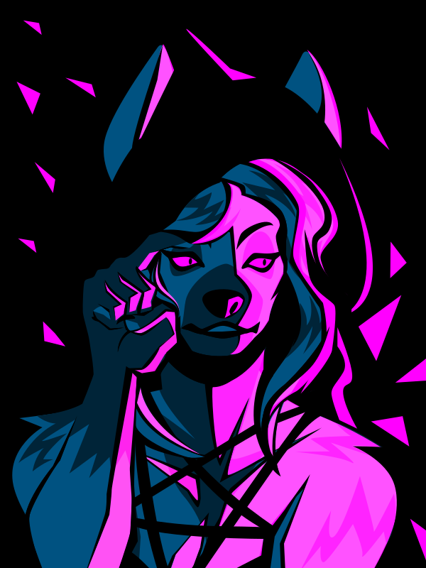 A limited-palette vector portrait of an anthro striped hyena girl in goth witchy clothes. She brushes hair out of her face with one finger and looks pensively to the side as sparks fly in the background.