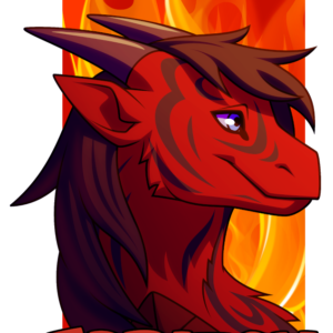 A portrait of a furry red dragon with black swirling markings and a black mane, in front of a fiery background. At the bottom is the name Edritch.