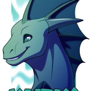 A portrait of a pale blue-green finned dragon in front of a waterfall. At the bottom is the name Kaitax.