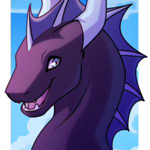 A portrait of a purple and light blue dragon in front of a blue, lightly cloudy sky. At the bottom is the name Raven.