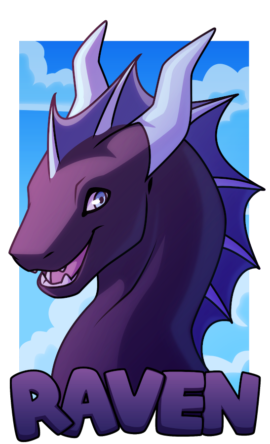 A portrait of a purple and light blue dragon in front of a blue, lightly cloudy sky. At the bottom is the name Raven.