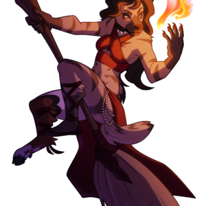 An illustration of an anthropomorphic striped hyena riding a broomstick and casting fire magic. One of her legs is that of a goat.