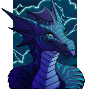 A portrait of an anthropomorphic dragon character in front of a stormy sky filled with lightning. Below her is the name Caprica