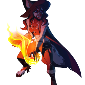 An illustration of an anthropomorphic striped hyena in an aggressive fighting stance casting fire magic. She's dressed as a witch and one of her legs is that of a goat.