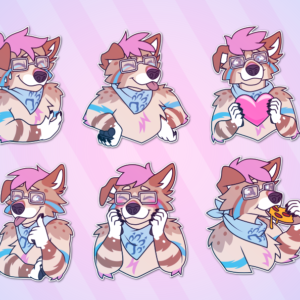 A collection of small illustrations of a colorful anthropomorphic dog. They portray laughing; nervousness; sticking out their tongue; expressing love; hugging another character; reflective thought; winking; blushing; eating pizza; and listening to music.