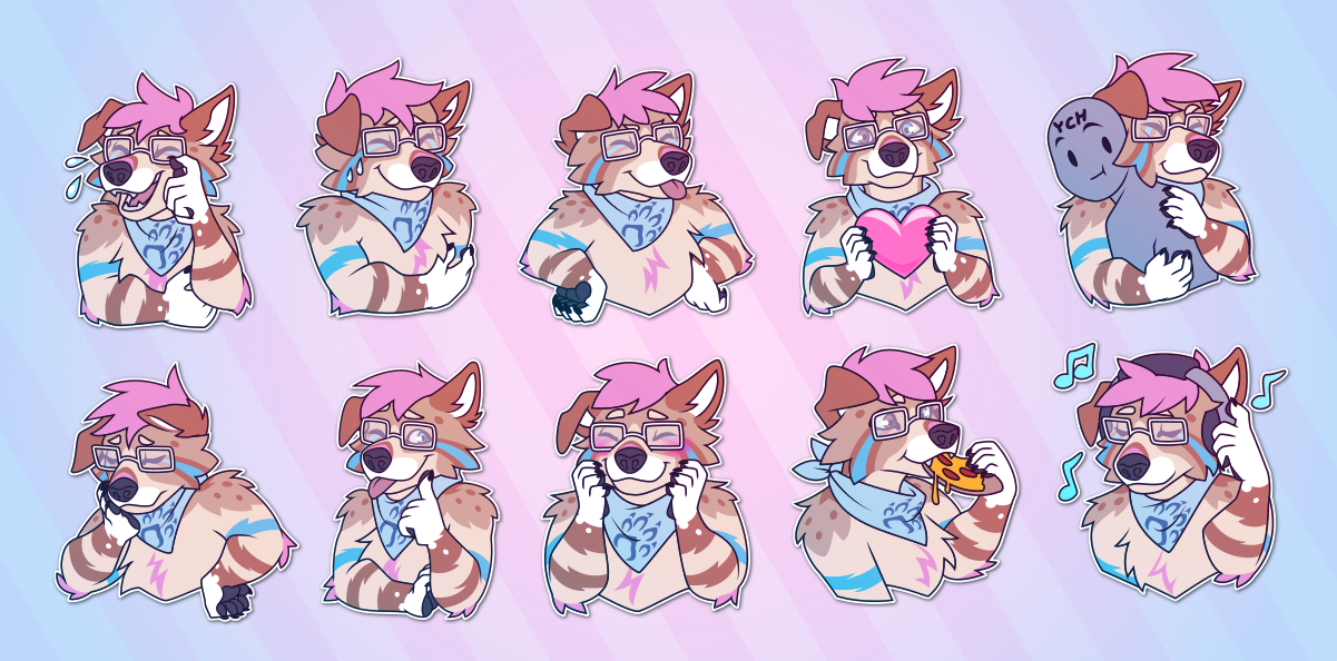 A collection of small illustrations of a colorful anthropomorphic dog. They portray laughing; nervousness; sticking out their tongue; expressing love; hugging another character; reflective thought; winking; blushing; eating pizza; and listening to music.