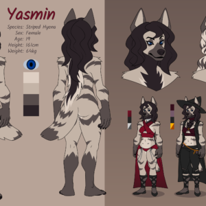 A reference sheet of an anthro striped hyena. She is female, 19 years old, 161cm tall, and weighs 64kg. She has striped markings, blue eyes, and dark, wavy hair. Nearby are samples of alternate hairstyles and possible outfits she can wear.