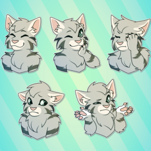 A collection of small illustrations of an anthropomorphic European wildcat smiling, winking, face-palming, frowning, and shrugging