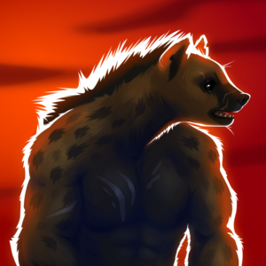 An experimental illustration of a gnoll character standing against a red sky