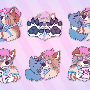 A collection of small illustrations of a colorful anthropomorphic dog. These pictures depict them writing in a journal; patting someone on the head; showing off their butt; booping someone on the nose; taking a frustrating phone call; kissing another character on the head; licking someone on the cheek; drinking coffee; showing their paws; and dozing off.