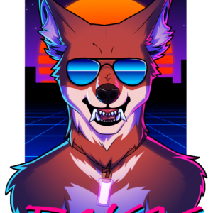 A synthwave-inspired portrait of an anthropomorphic Ethiopian wolf wearing reflective shades, with the name Rakos written below in 80's-inspired script