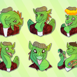 A collection of small portraits of a green anthropomorphic dragon blowing into a party noisemaker; twisting their long neck so their head is upside down; suspiciously raising an eyebrow; astonishment as their head explodes; crying in an exaggerated manner; showing large, pleading eyes; starry-eyed and excited; pressing their tongue and nose into the fourth wall; getting ready to paint; and considering their next move in a game