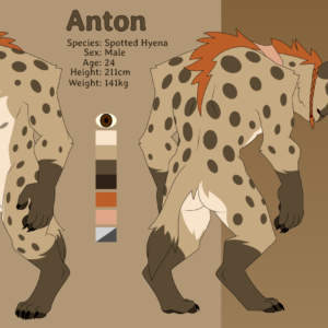 A reference sheet of an anthro spotted hyena. He is male, 24 years old, 211cm tall, and weighs 141kg. He had spotted markings, brown eyes, a red mane with braids, and a large scar on his neck. Nearby are samples of possible outfits he can wear.