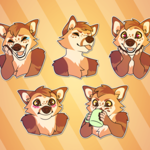 A collection of small portraits of an anthropomorphic fox coyote hybrid with varied expressions: laughter, sticking out tongue, delighted with hearts for eyes, awkward or embarrassed blushing, and aggressively drinking coffee