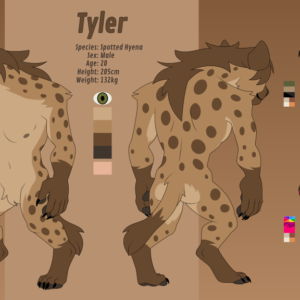 A reference sheet of an anthro spotted hyena. He is male, 20 years old, 205cm tall, and weighs 132kg. He had spotted markings, green eyes, a shaggy brown mane, and a bite out of one ear. Nearby are samples of possible outfits he can wear.