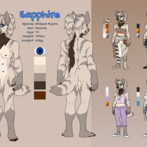 A reference sheet of an anthro striped hyena. She is female, 19 years old, 159cm tall, and weighs 62kg. She has striped markings, blue eyes, and striped hair pulled in a ponytail. Nearby are samples of possible outfits she can wear.