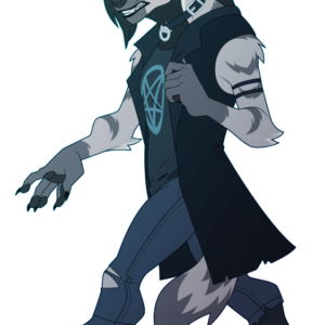 a flat-colored illustration of a goth/emo anthropomorphic hyena. one of his legs is that of a goat