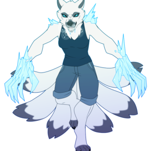a flat-colored illustration of an anthropomorphic kitsune hybrid, breathing frost and growing ice crystals on her claws and fur