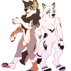 a flat-colored illustration of an anthropomorphic coyote and anthropomorphic wolf having a friendly interaction with one another