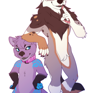 a flat-colored illustration of an anthropomorphic coyote thinking and resting an elbow on the head of a much shorter anthropomorphic otter