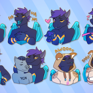 A collection of vector Telegram stickers featuring an anthropomorphic dragon. He is waving; laughing and clapping; blowing a kiss; pulling on a leash; giving a thumbs-up; petting another character on the head; wearing a puppy hoodie and howling "awoo"; and wearing a puppy hoodie and barking
