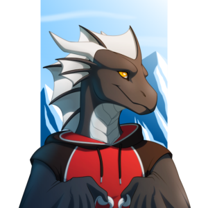 a portrait of an anthropomorphic wyvern standing in the sun in front of a mountainscape and wearing a hoodie. Below him is the name "Morghus"