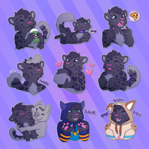 a collection of small illustrations featuring an anthropomorphic snow leopard: drinking tea, being dragged along the ground on a leash, demanding food, receiving pats on the head, hugging their own tail, playfully sticking out their tongue, being hugged, wearing a dragon hoodie and saying "rawr", and wearing a puppy hoodie and barking
