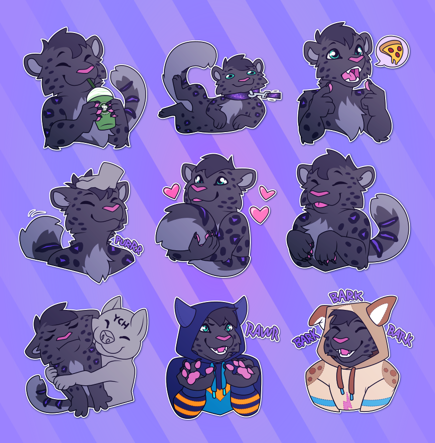 a collection of small illustrations featuring an anthropomorphic snow leopard: drinking tea, being dragged along the ground on a leash, demanding food, receiving pats on the head, hugging their own tail, playfully sticking out their tongue, being hugged, wearing a dragon hoodie and saying "rawr", and wearing a puppy hoodie and barking