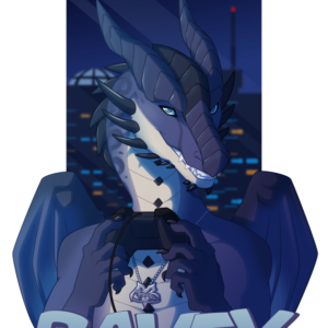 a portrait of a dragon holding an x box controller and sitting in front of a cityscape. Below him is the name "Ravey"
