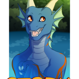 a portrait of an anthropomorphic wyvern smiling and standing in a jungle clearing with some clear water. Below him is the name "Storm"