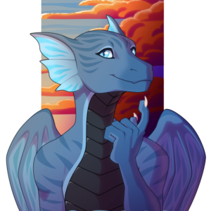 An anthropomorphic dragon stands before a cloudy sunset sky. below her is the name "Norna"