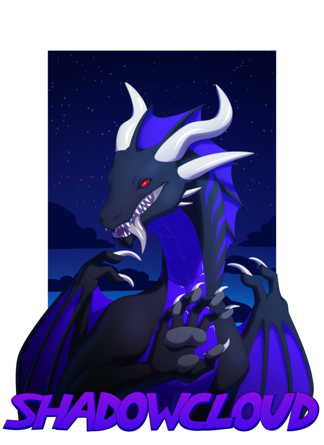 a portrait of a large dragon standing before a night sky and reaching out a clawed hand as if to grab the viewer. Below him is the name "Shadowcloud"