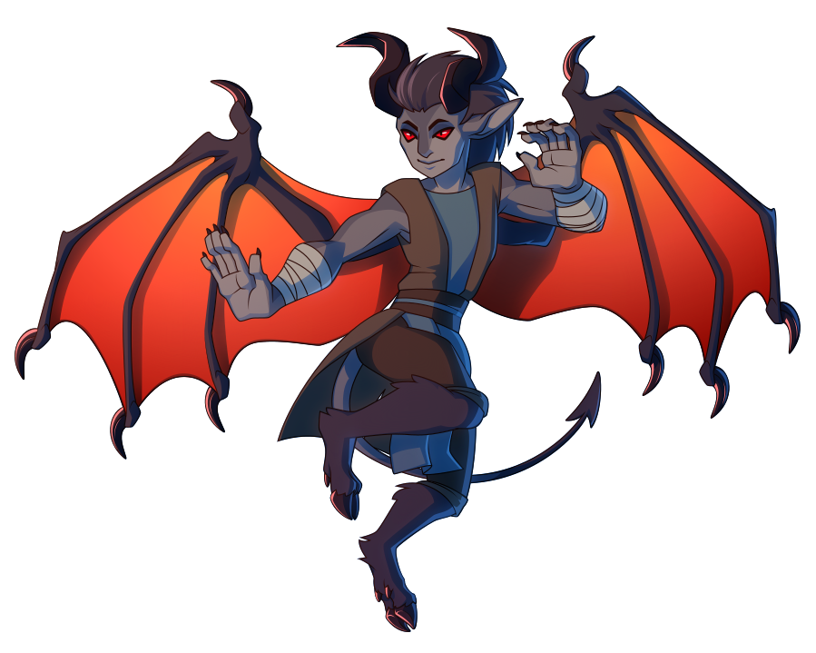a fullbody vector illustration of an imp monk from Dungeons and Dragons. he has horns, dragon wings, and goat hooves.