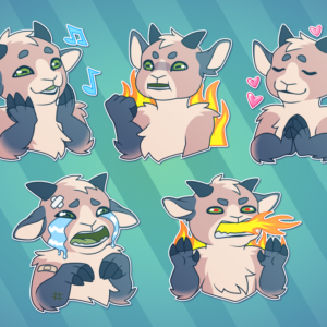 multiple small illustrations of an anthropomorphic goat, showing her delighted and singing; raising a determined fist; smiling happily; crying and slightly beat up; and furiously breathing fire