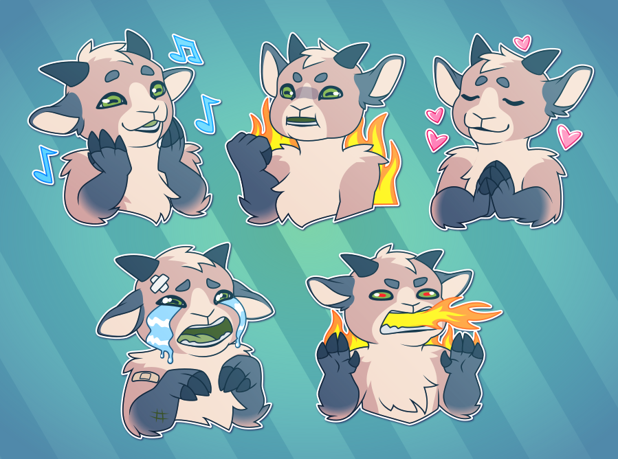 multiple small illustrations of an anthropomorphic goat, showing her delighted and singing; raising a determined fist; smiling happily; crying and slightly beat up; and furiously breathing fire