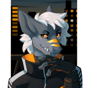 A vector portrait of an anthropomorphic tiger shark before a dusky cityscape. Below him is the name "Umber"