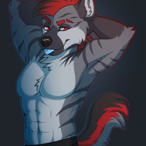 a halfbody illustration of an anthropomorphic hyena posing with his hands behind his head and sticking his tongue out, showing off his muscles