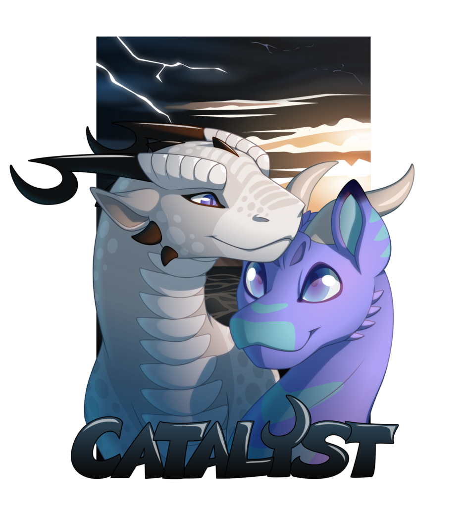 A vector portrait of two dragons looking at one another lovingly in front of a stormy sea. Below them is the name "Catalyst", referring to the dragon on the left