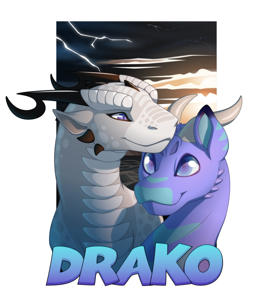 A vector portrait of two dragons looking at one another lovingly in front of a stormy sea. Below them is the name "Drako", referring to the dragon on the right