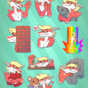 A collection of small illustrations featuring an anthropomorphic dragon with a variety of expressions and actions: waving; grinning eagerly; hugging another character; peeking from behind a wall; grinning happily; radiating gay energy; steeping tea; hugging a plushie; resting on another character's lap; and hugging his husband, an anthropomorphic rat
