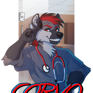 A vector portrait of an anthropomorphic striped hyena wearing scrubs and a stethoscope around his neck. He's standing in a hospital and giving a confident salute. Below him is the name Corvo